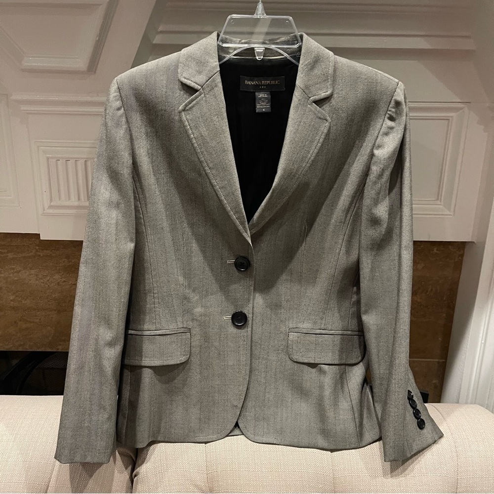 Banana Republic Factory Women's Sz 6 Gray Herringbone Striped Wool Blend Jacket
